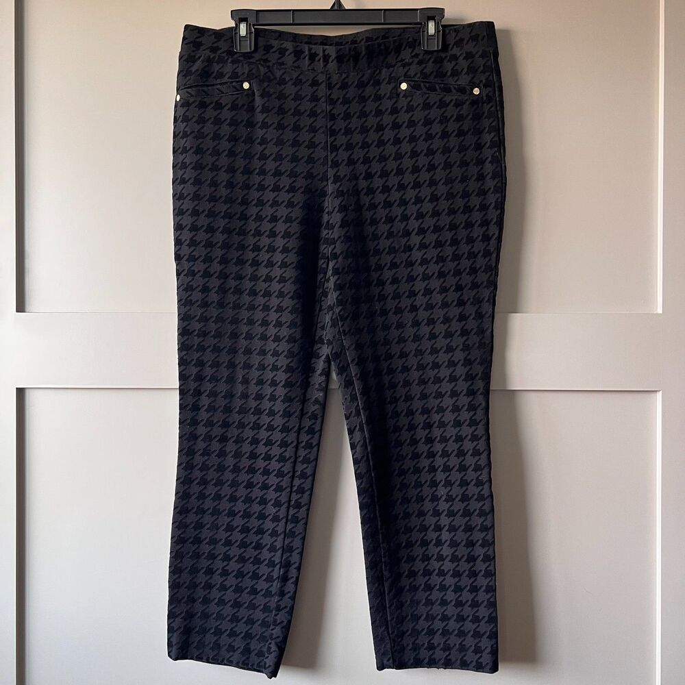 Anne Klein Pant Black Women Large Velvet Houndstooth Stretch Pull On Trousers